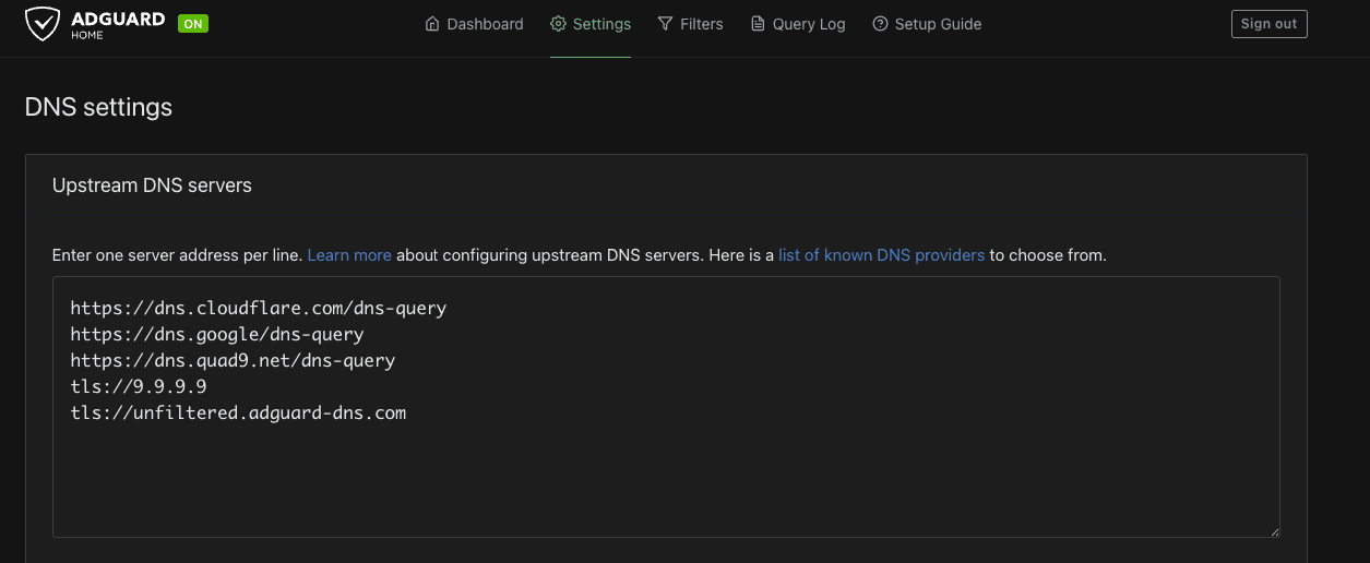 AdGuard Home DNS settings page with upstream DNS servers field
