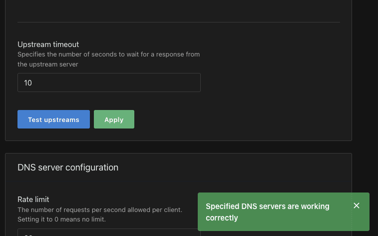 AdGuard Home test upstreams button and success result