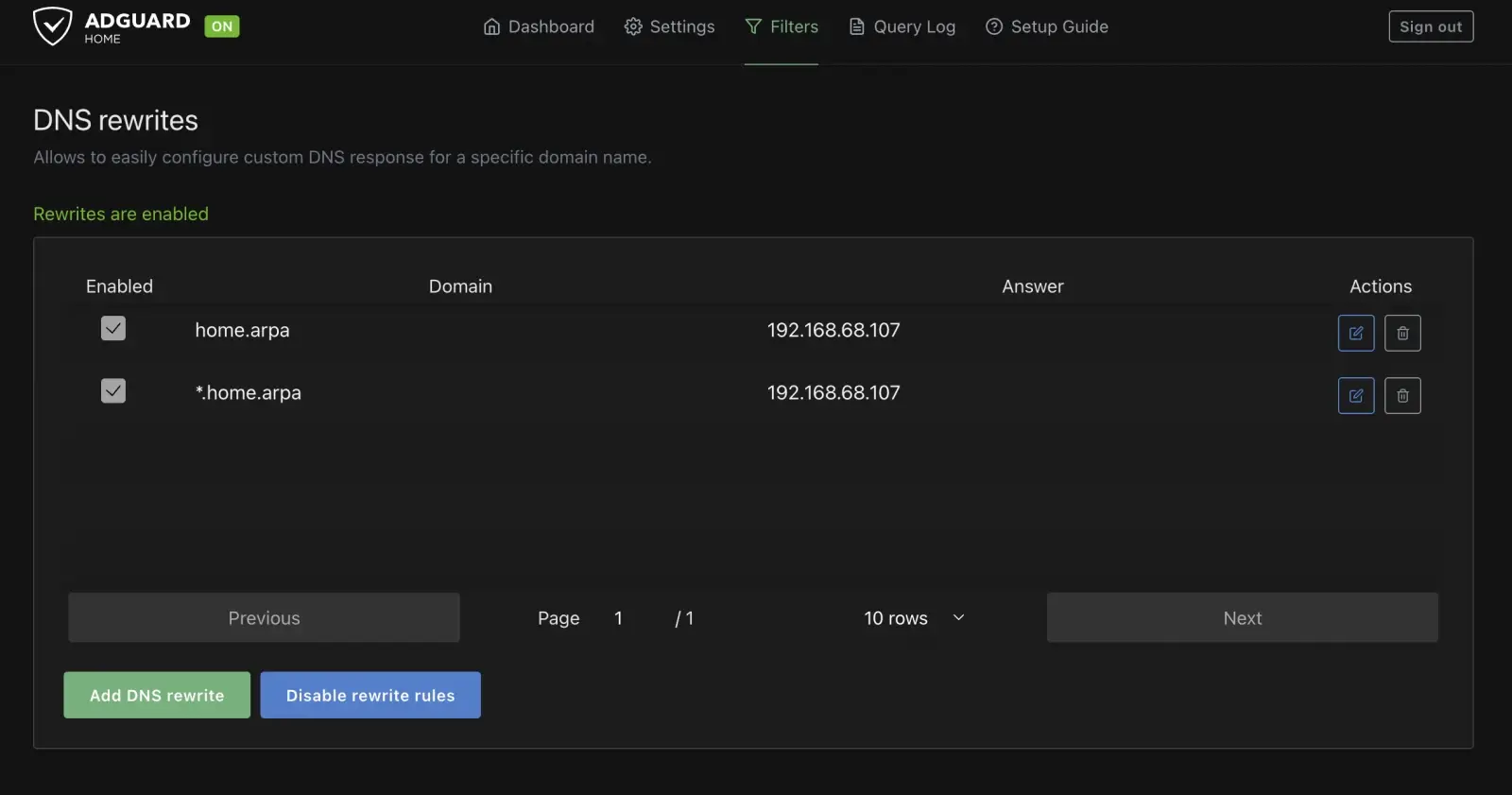The AdGuard Home DNS rewrites page showing home.arpa and *.home.arpa both pointing at the server's IP address