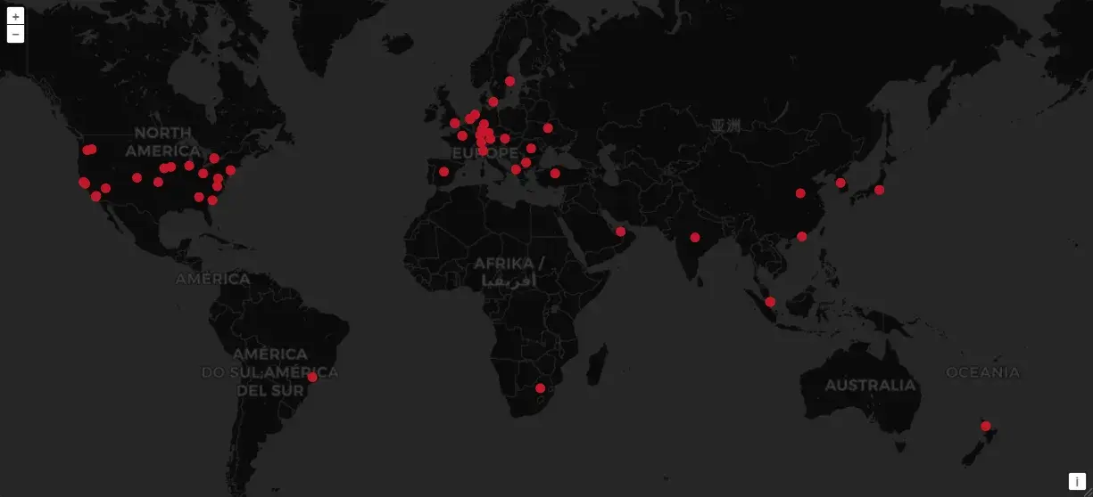Grafana request geomap, client locations plotted from GeoLite2 city lookups