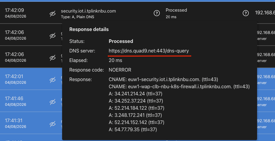 AdGuard Home Query Log entry detail showing DNS server field as https://dns.quad9.net:443/dns-query