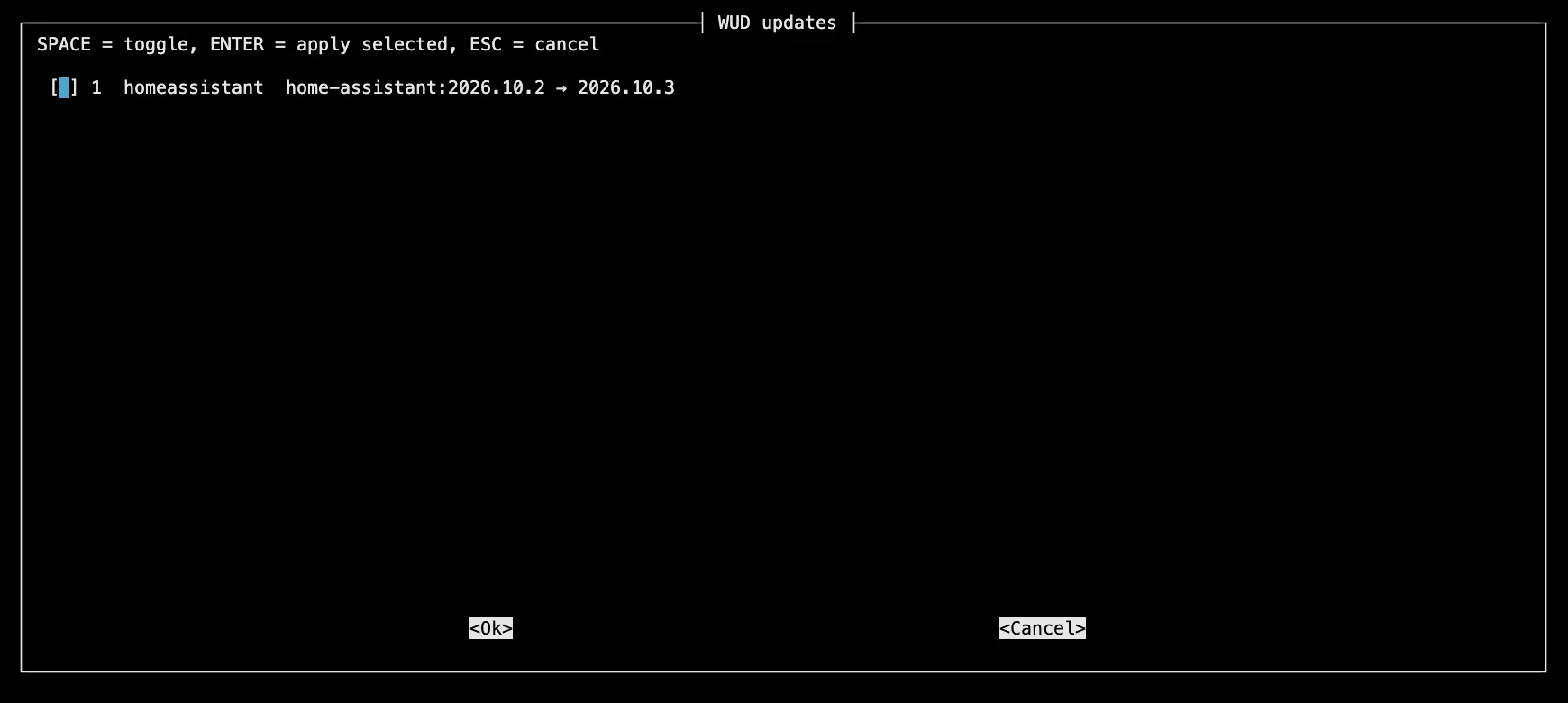 Terminal checklist titled "WUD updates" with one entry: homeassistant, home-assistant:2026.10.2 to 2026.10.3